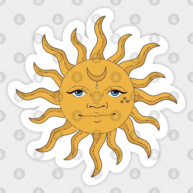 Vintage Sun With Moon and Stars Sticker by katieharperart